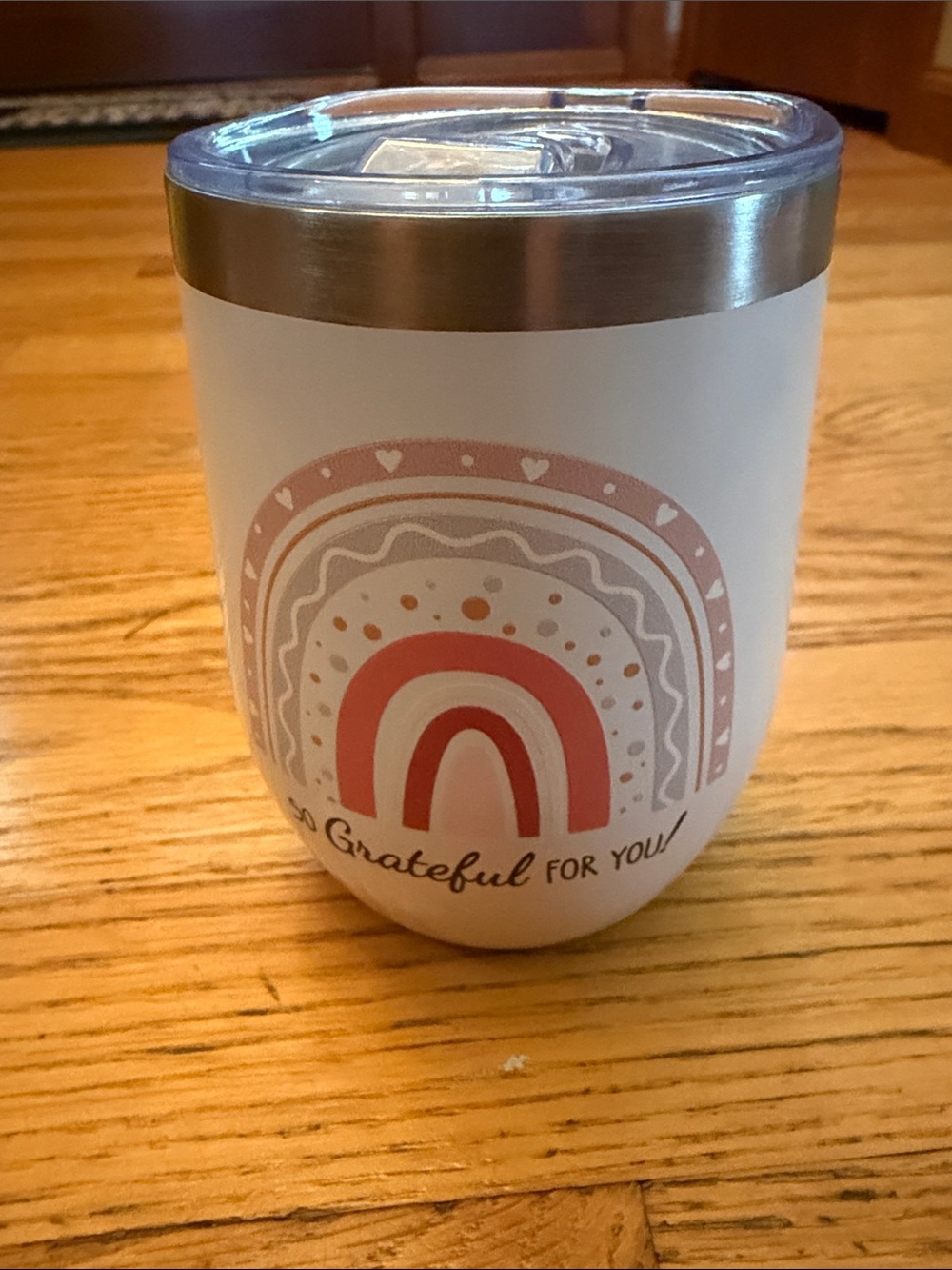 Source Unknown White Travel Tumbler with Peach-Pink Rainbow